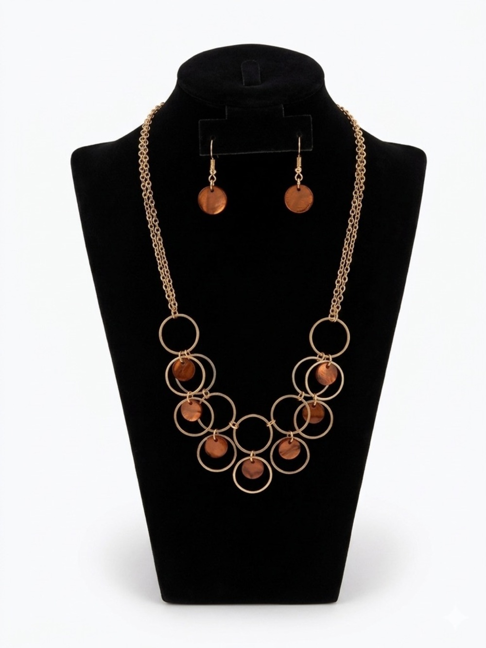 Gold Tone Boho Circle Drop Necklace & Earring Set